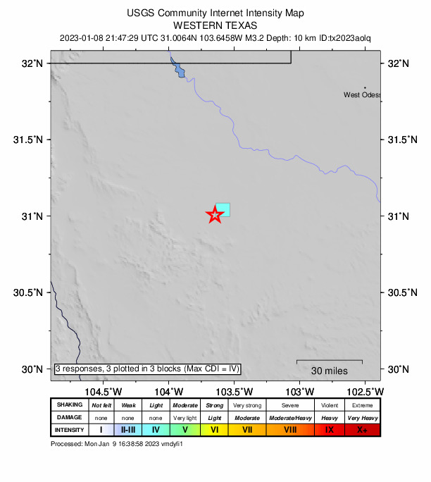 USGS DYFI community-reported intensity map for the M3.2 earthquake near 9 km ENE of Balmorhea, Texas