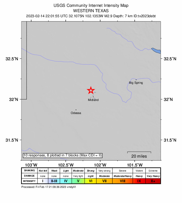 USGS DYFI community-reported intensity map for the M2.9 earthquake near 13 km NNW of Midland, Texas