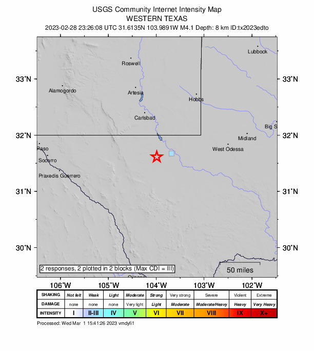 USGS DYFI community-reported intensity map for the M4.1 earthquake near 37 km NNW of Toyah, Texas