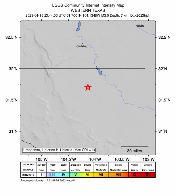 USGS DYFI community-reported intensity map for the M3.0 earthquake near 50 km W of Mentone, Texas