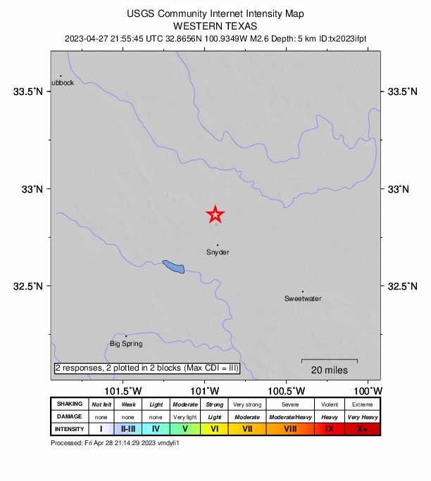 USGS DYFI community-reported intensity map for the M2.6 earthquake near 16 km N of Snyder, Texas