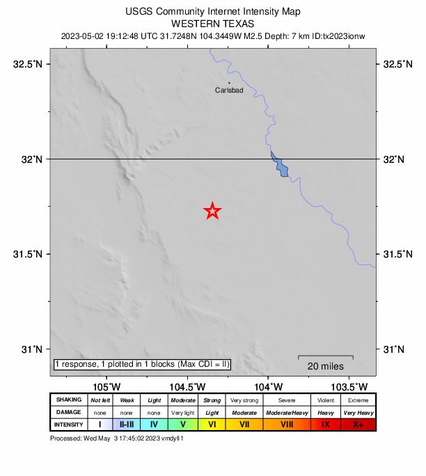 USGS DYFI community-reported intensity map for the M2.5 earthquake near 50 km S of Whites City, New Mexico