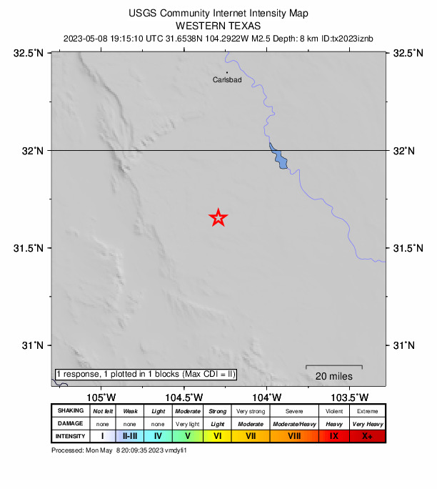 USGS DYFI community-reported intensity map for the M2.5 earthquake near 56 km NW of Toyah, Texas