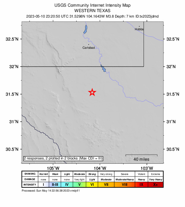 USGS DYFI community-reported intensity map for the M3.8 earthquake near 42 km NW of Toyah, Texas