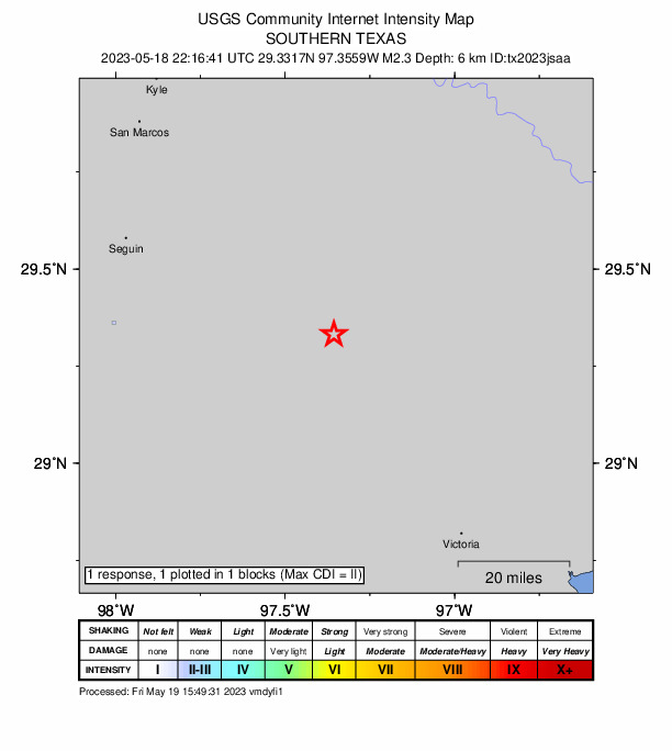 USGS DYFI community-reported intensity map for the M2.3 earthquake near 20 km SSE of Gonzales, Texas