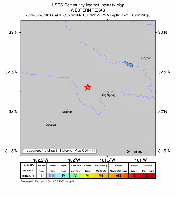 USGS DYFI community-reported intensity map for the M2.5 earthquake near 19 km N of Stanton, Texas