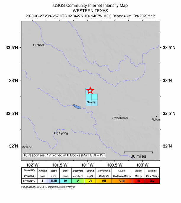 USGS DYFI community-reported intensity map for the M3.3 earthquake near 14 km N of Snyder, Texas