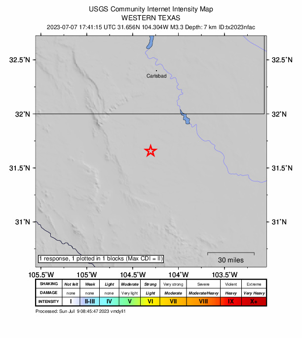 USGS DYFI community-reported intensity map for the M3.3 earthquake near 58 km S of Whites City, New Mexico