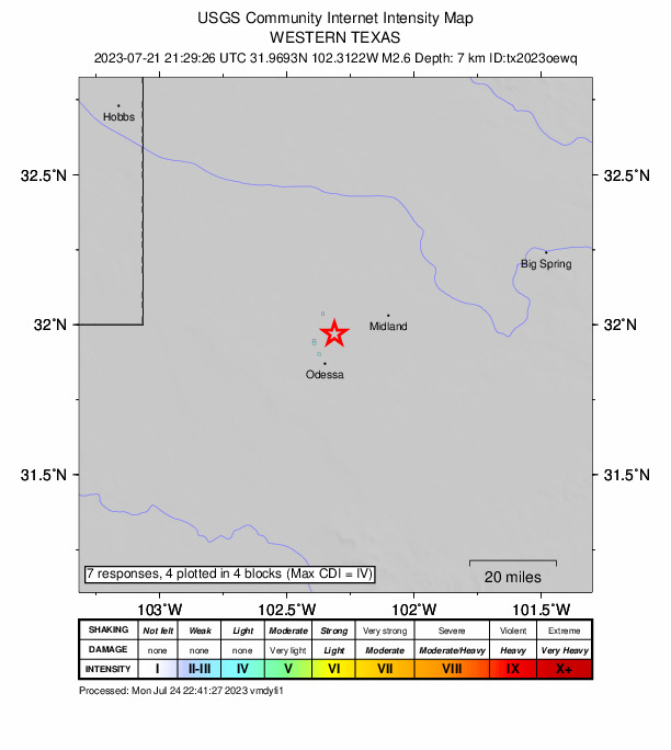 USGS DYFI community-reported intensity map for the M2.6 earthquake near 8 km SE of Gardendale, Texas
