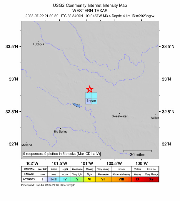 USGS DYFI community-reported intensity map for the M3.4 earthquake near 13 km NNW of Snyder, Texas