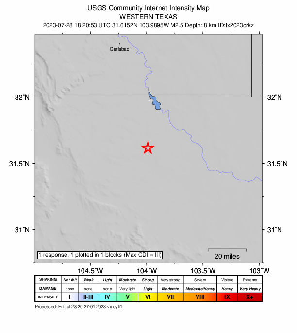 USGS DYFI community-reported intensity map for the M2.5 earthquake near 38 km NNW of Toyah, Texas