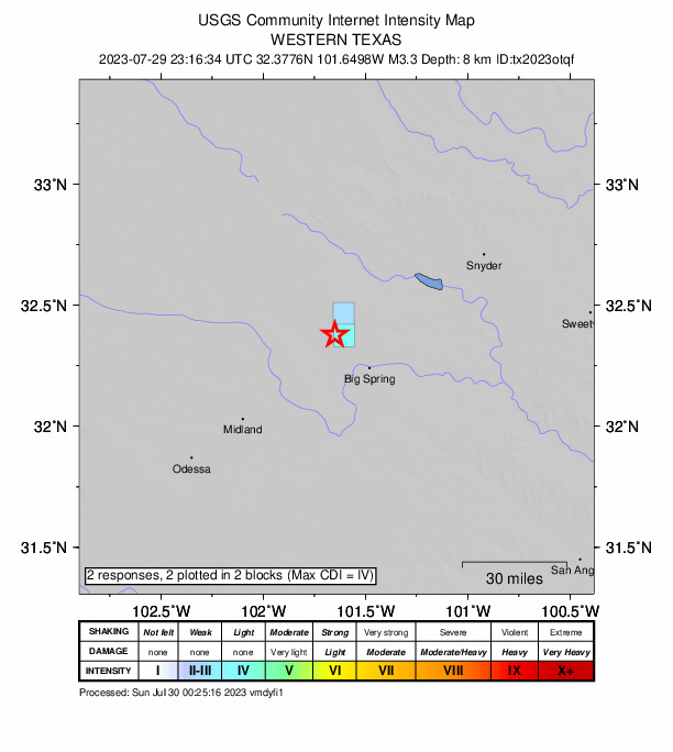 USGS DYFI community-reported intensity map for the M3.3 earthquake near 17 km SSE of Ackerly, Texas