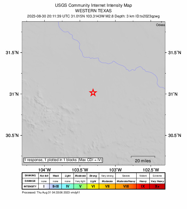 USGS DYFI community-reported intensity map for the M2.8 earthquake near 34 km SW of Coyanosa, Texas