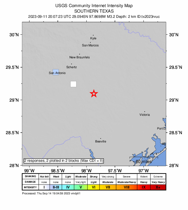 USGS DYFI community-reported intensity map for the M3.0 earthquake near 17 km ENE of Falls City, Texas