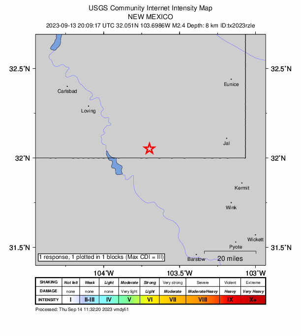 USGS DYFI community-reported intensity map for the M2.4 earthquake near 39 km NNW of Mentone, Texas