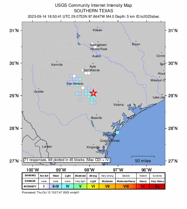 USGS DYFI community-reported intensity map for the M4.1 earthquake near 16 km ENE of Falls City, Texas