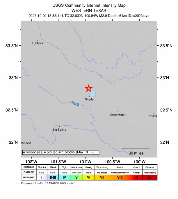 USGS DYFI community-reported intensity map for the M2.9 earthquake near 12 km N of Snyder, Texas