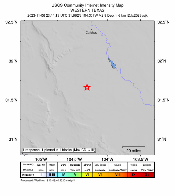 USGS DYFI community-reported intensity map for the M2.9 earthquake near 57 km S of Whites City, New Mexico