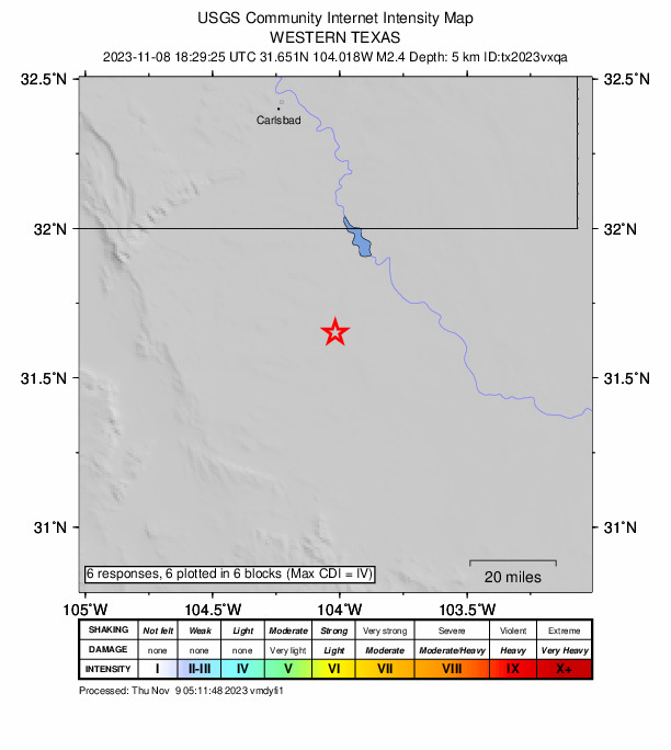 USGS DYFI community-reported intensity map for the M2.4 earthquake near 40 km W of Mentone, Texas
