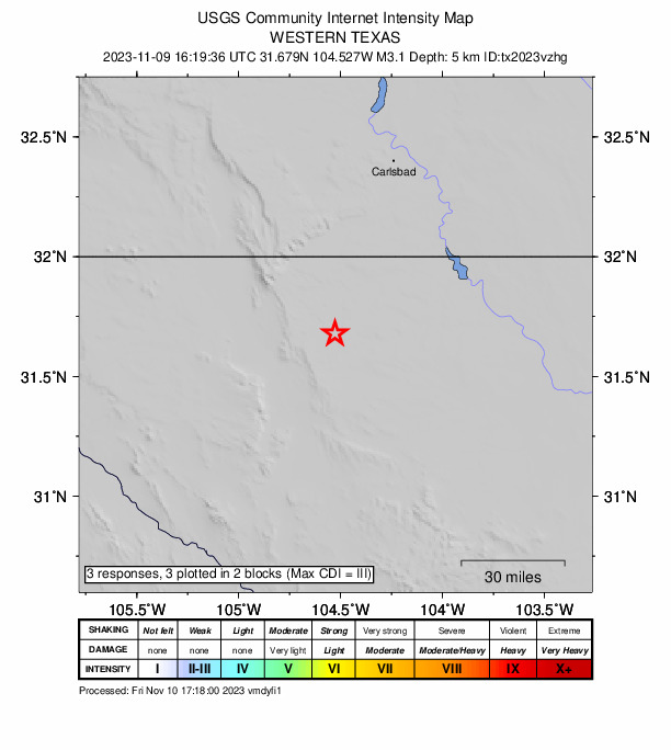 USGS DYFI community-reported intensity map for the M3.1 earthquake near 56 km SSW of Whites City, New Mexico