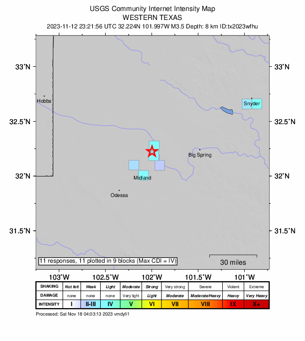 USGS DYFI community-reported intensity map for the M3.5 earthquake near 22 km WNW of Stanton, Texas