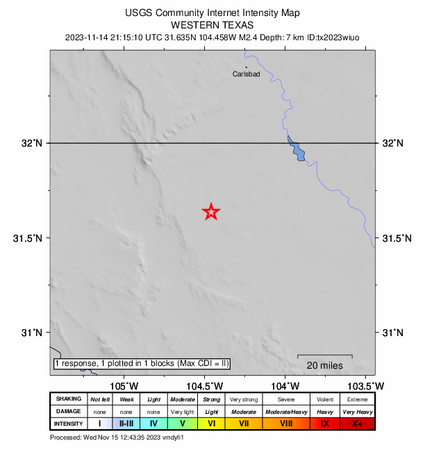 USGS DYFI community-reported intensity map for the M2.4 earthquake near western Texas