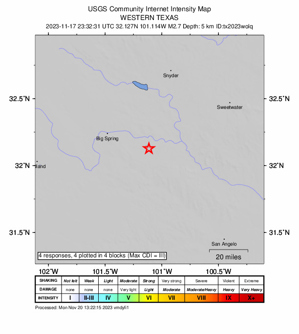 USGS DYFI community-reported intensity map for the M2.7 earthquake near 23 km E of Forsan, Texas