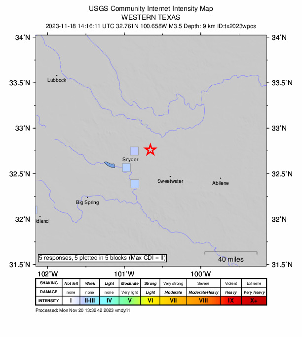 USGS DYFI community-reported intensity map for the M3.5 earthquake near 16 km NE of Hermleigh, Texas