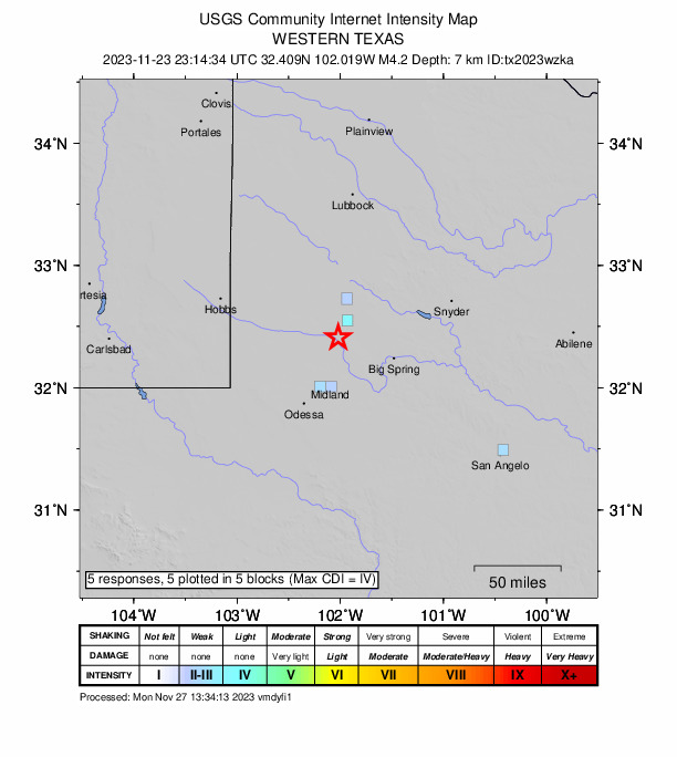 USGS DYFI community-reported intensity map for the M4.2 earthquake near 31 km WSW of Ackerly, Texas