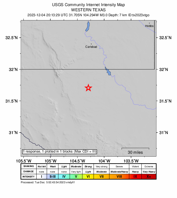 USGS DYFI community-reported intensity map for the M3.0 earthquake near 52 km S of Whites City, New Mexico