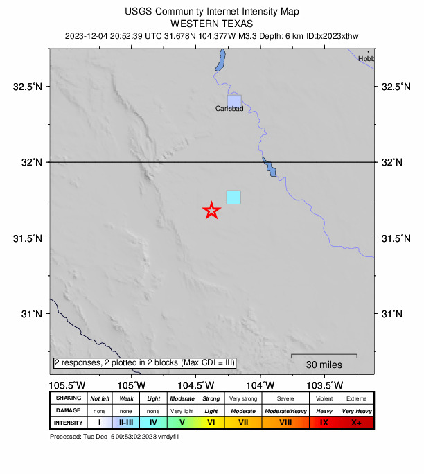USGS DYFI community-reported intensity map for the M3.3 earthquake near western Texas