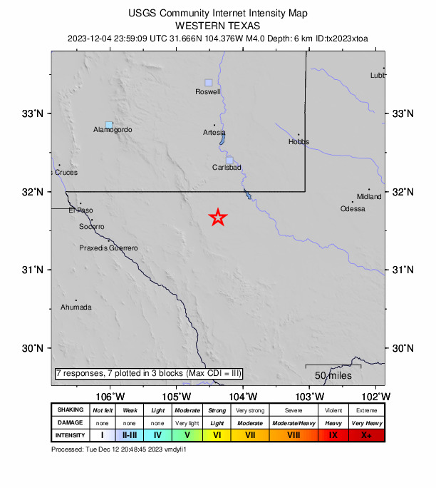 USGS DYFI community-reported intensity map for the M4.0 earthquake near 56 km S of Whites City, New Mexico