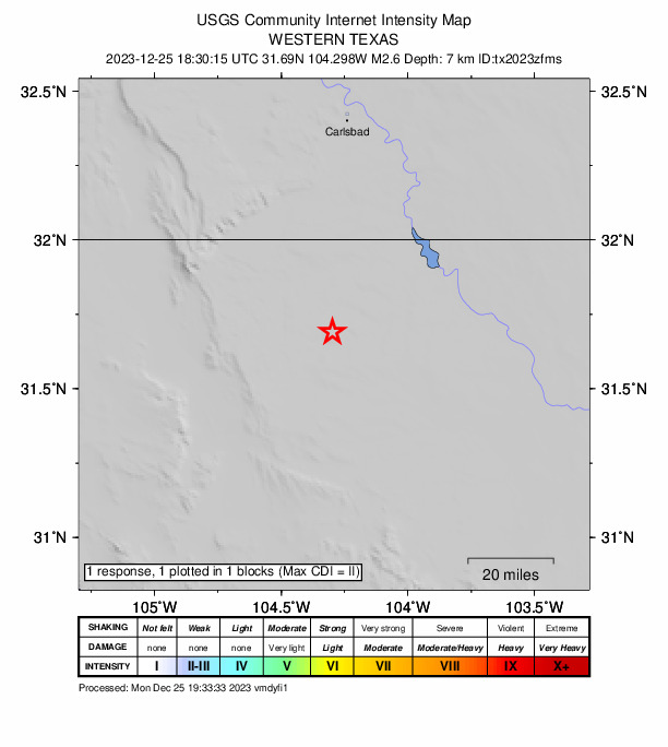 USGS DYFI community-reported intensity map for the M2.6 earthquake near 54 km S of Whites City, New Mexico