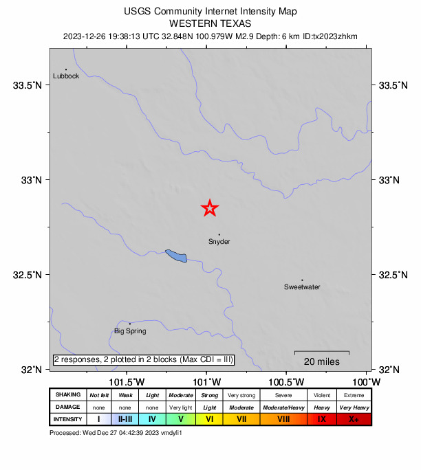 USGS DYFI community-reported intensity map for the M2.9 earthquake near 15 km NNW of Snyder, Texas