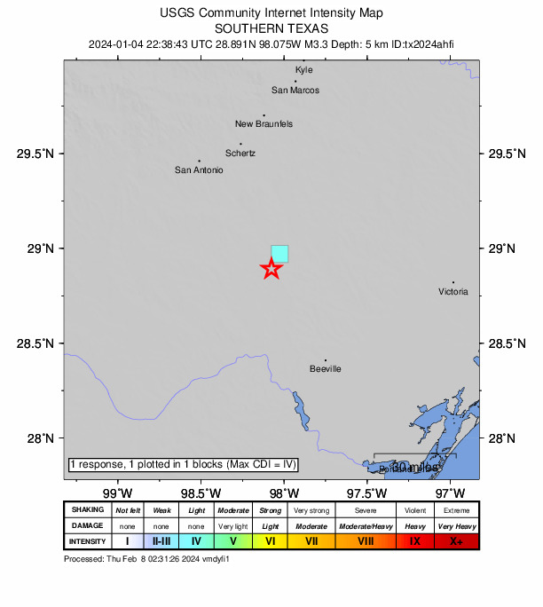 USGS DYFI community-reported intensity map for the M3.0 earthquake near 8 km SW of Falls City, Texas
