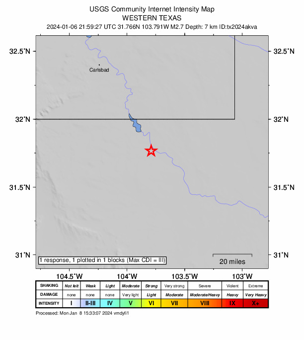 USGS DYFI community-reported intensity map for the M2.7 earthquake near 19 km WNW of Mentone, Texas
