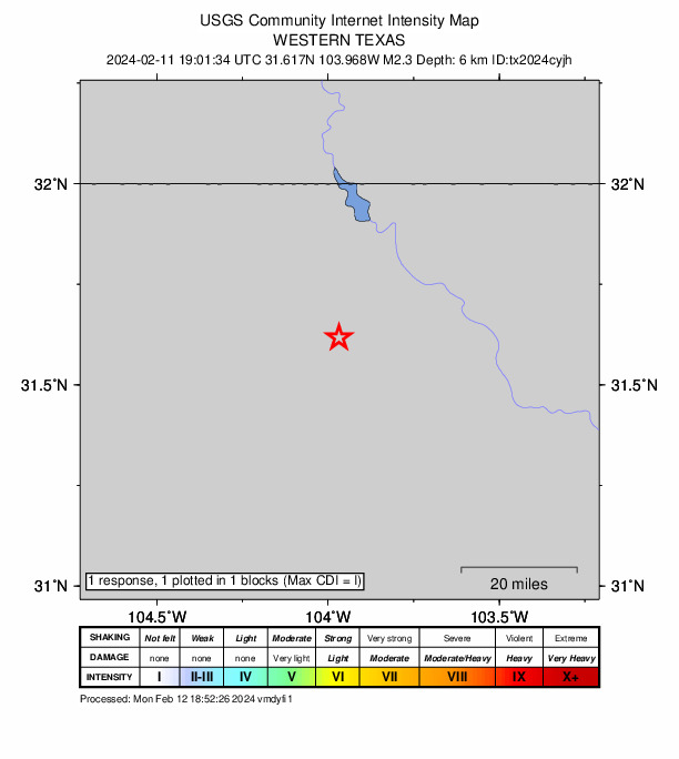 USGS DYFI community-reported intensity map for the M2.3 earthquake near 36 km WSW of Mentone, Texas