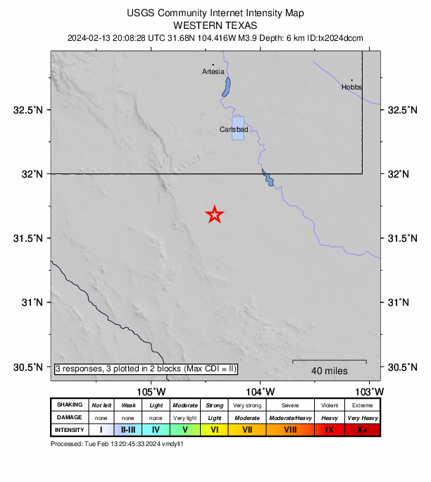 USGS DYFI community-reported intensity map for the M3.9 earthquake near 55 km S of Whites City, New Mexico