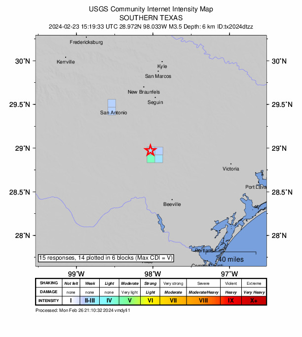USGS DYFI community-reported intensity map for the M3.5 earthquake near 2 km ESE of Falls City, Texas