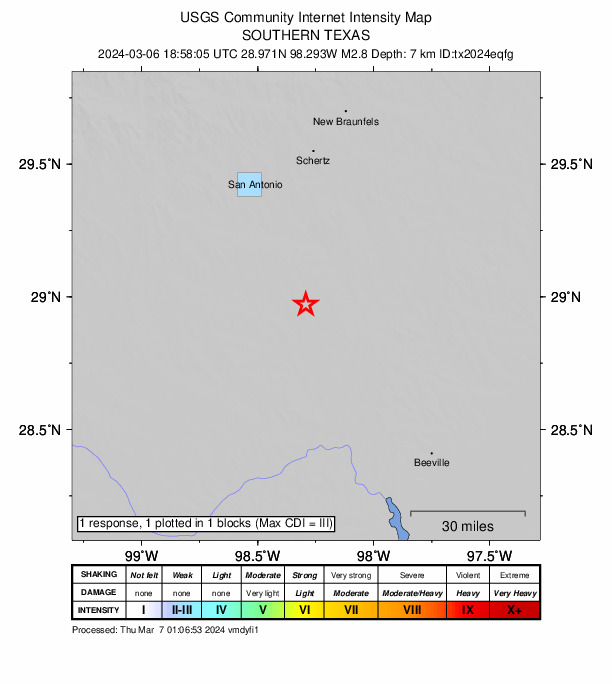 USGS DYFI community-reported intensity map for the M2.7 earthquake near 20 km WSW of Poth, Texas