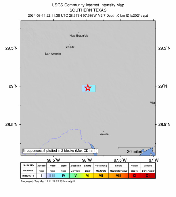 USGS DYFI community-reported intensity map for the M2.8 earthquake near 2 km ESE of Falls City, Texas