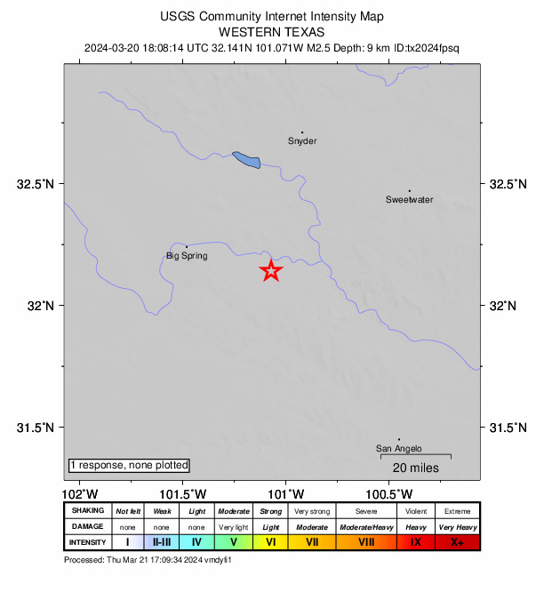 USGS DYFI community-reported intensity map for the M2.5 earthquake near 24 km SSW of Westbrook, Texas