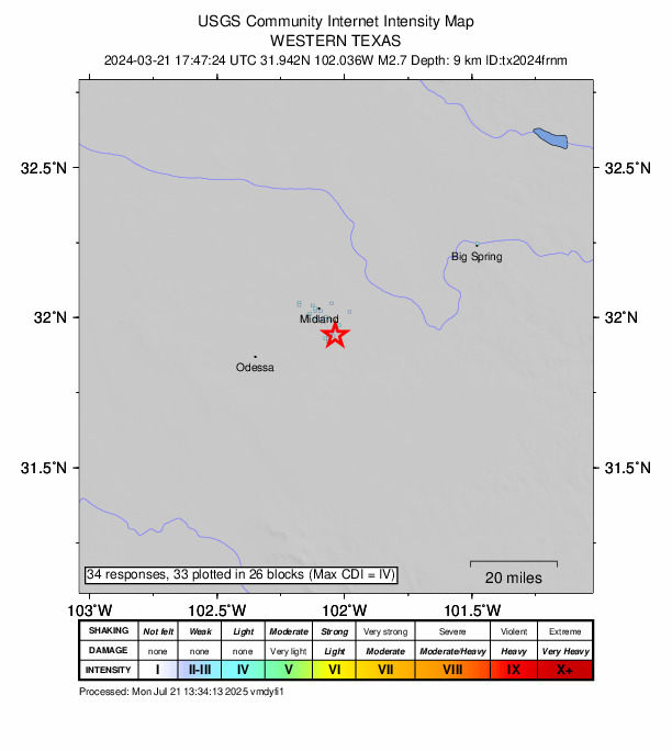 USGS DYFI community-reported intensity map for the M2.7 earthquake near 7 km SSE of Midland, Texas