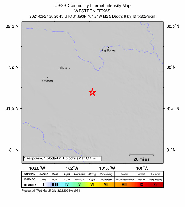 USGS DYFI community-reported intensity map for the M2.5 earthquake near 28 km SW of Garden City, Texas