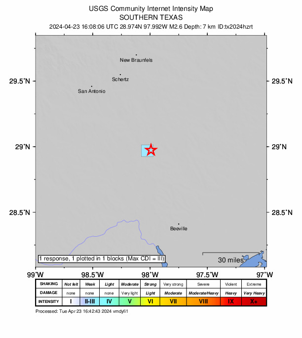 USGS DYFI community-reported intensity map for the M2.6 earthquake near 3 km E of Falls City, Texas