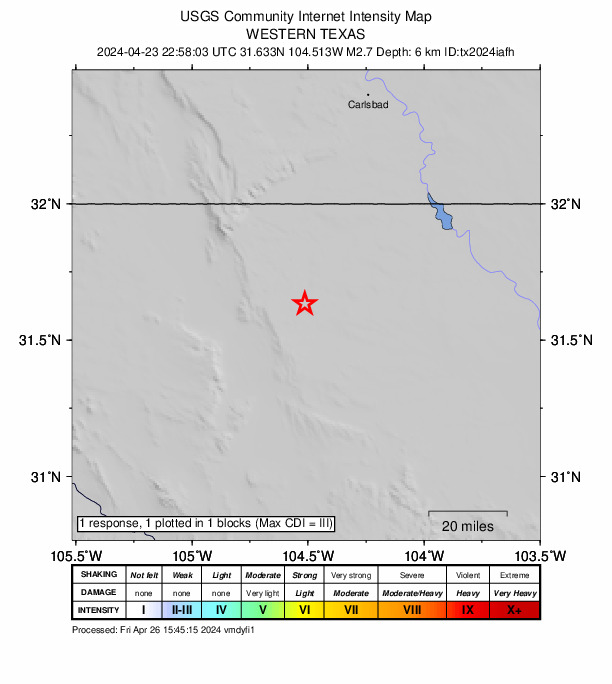 USGS DYFI community-reported intensity map for the M2.7 earthquake near 61 km SSW of Whites City, New Mexico