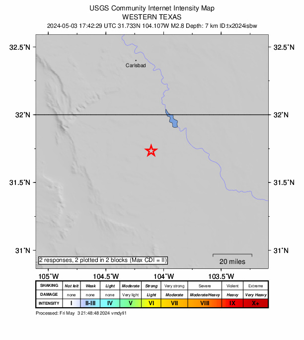 USGS DYFI community-reported intensity map for the M2.8 earthquake near 48 km W of Mentone, Texas