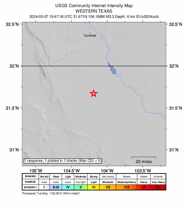 USGS DYFI community-reported intensity map for the M3.3 earthquake near 54 km NW of Toyah, Texas