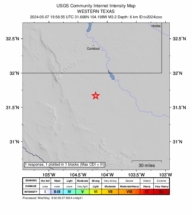 USGS DYFI community-reported intensity map for the M3.2 earthquake near 54 km NW of Toyah, Texas