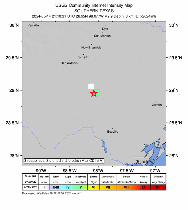 USGS DYFI community-reported intensity map for the M3.1 earthquake near 7 km WSW of Falls City, Texas